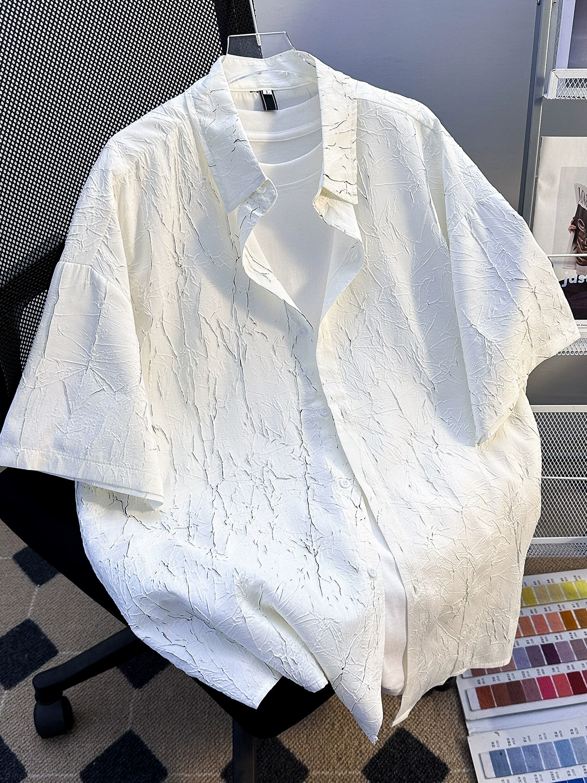 Летняя тонкая жаккардовая рубашка с короткими рукавами для мужчин, японский стиль, гонконгский стиль, американская повседневная модная брендовая спортивная молодежная красивая рубашка