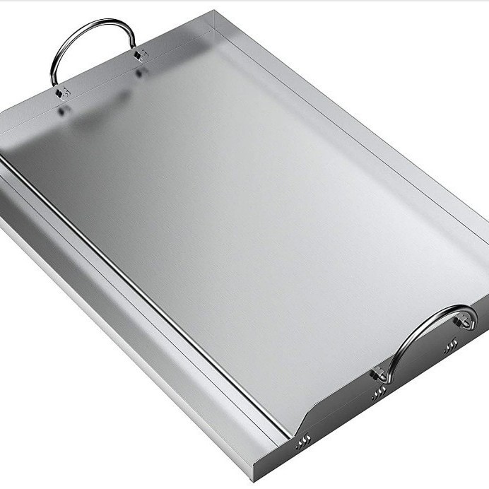 Placa de parrilla de horno de acero inoxidable con inserción de placa superior plana con mango de ranura de grasa para parrilla de gas y carbón