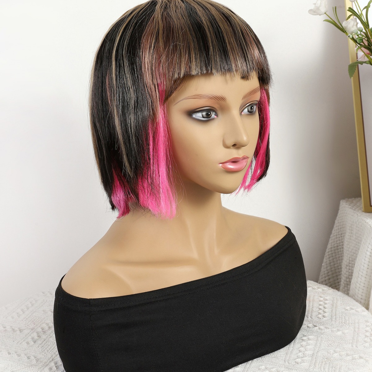 Transfronterizo nuevo polvo marrón mezcla de color gradiente largo recto 12 pulgadas sin encaje pelo recto europeo y brasileño peluca