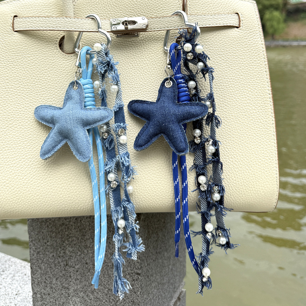 Ins-style denim heart and star pendant keychain accessory, cute Miu-style bag charm and decoration accessory