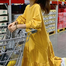 春秋冬薄款长袖连衣裙2-300斤大码胖MM宽松垂感荷叶边A字卫衣长裙