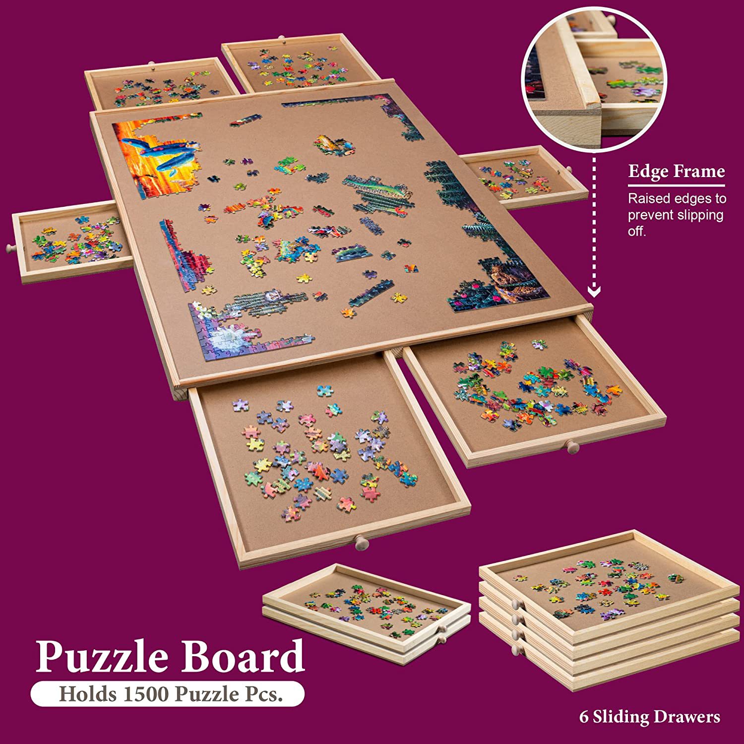 Household Wooden Puzzle Table with 6 Drawers Solid Wood Inclined Puzzle Board Portable Puzzle Table Children's Game Table