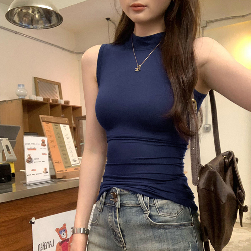 Half-turtleneck Spice Girl Tight Sleeveless T-shirt Women's Summer American-style Slim-fit All-match Slim-fit Design Sense Top