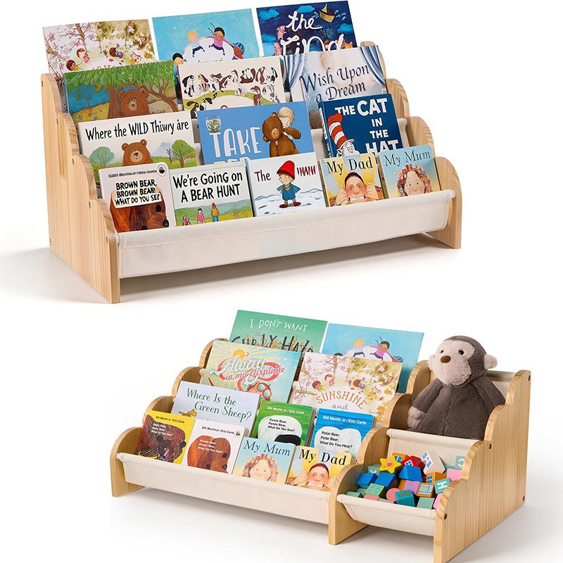 Wooden Children's Bookshelf for Home, Kindergarten, Living Room, Bedroom, Baby Reading Corner, Multi-Layer Fabric Bookshelf for Picture Books and Toys