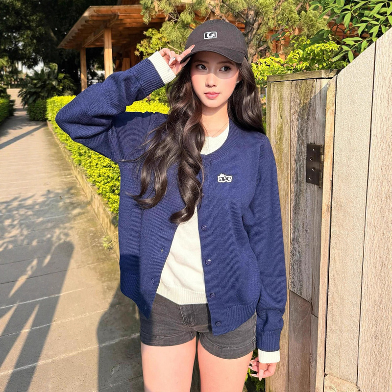 藏青色圆领假两件毛衣女秋季新款软糯温柔风宽松长袖短款针织开衫|undefined