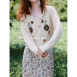 2025秋季新款毛针织衫女士镂空钩花设计低圆领短款长袖上衣图片色