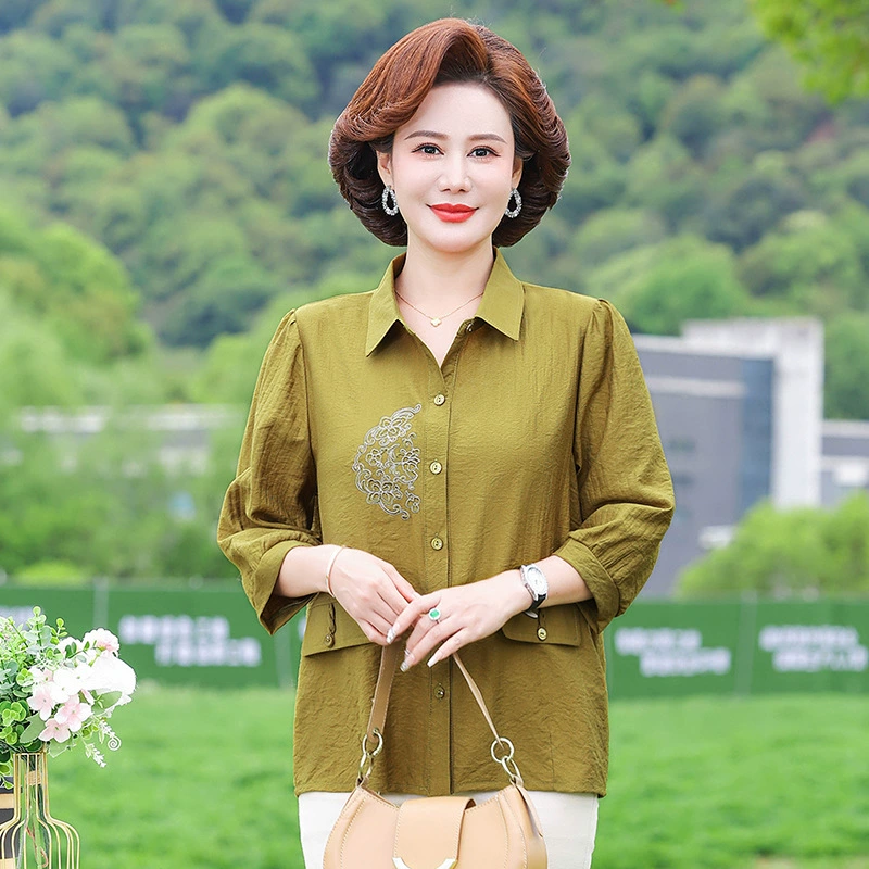 Женская одежда 2025: рубашка весна-осень, новый стиль для женщин среднего и старшего возраста, свободные топы, вышитая рубашка для бабушек