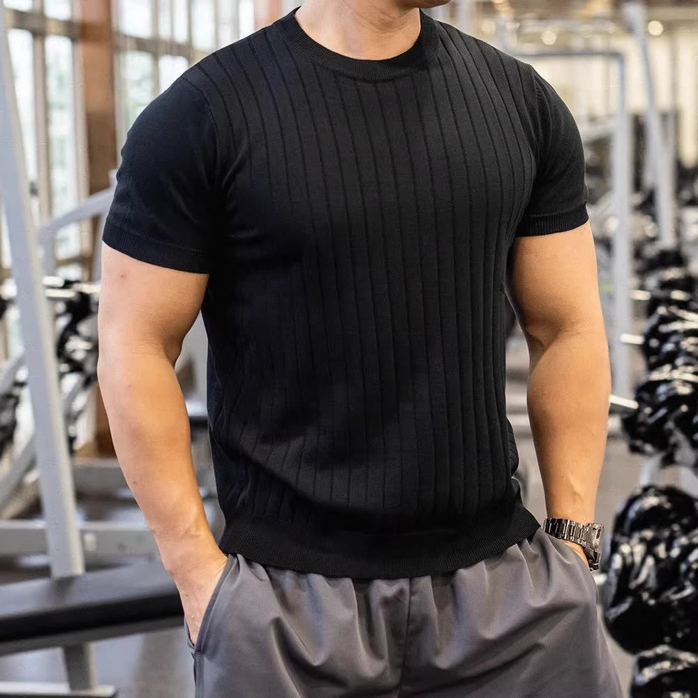 Men’s Striped Knit T-Shirt – Breathable Loose Fit Muscle Tee With Pique Collar & Stretch Fabric (White, Black, Blue, Green, Brown)​