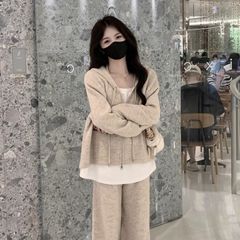 2025新款春秋季休闲时尚假两件开衫连帽卫衣宽松显瘦阔腿裤两件套