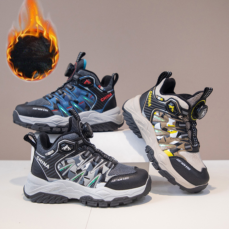 冬季加绒棉鞋男童炫酷厚底登山鞋青少年时尚户外运动鞋旋转纽扣鞋