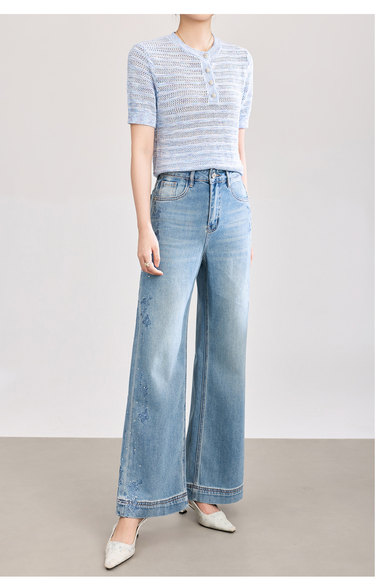 Quần jean nữ ống rộng chất liệu cotton phối lụa, thêu bướm đính kim cương — xanh lam chi tiết 24