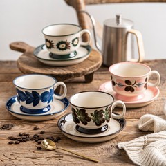 Hand-painted Antique Ceramic Coffee Cup and Saucer Set for Office and Home, Tea Cup Retro Elegant Afternoon Tea Mugs