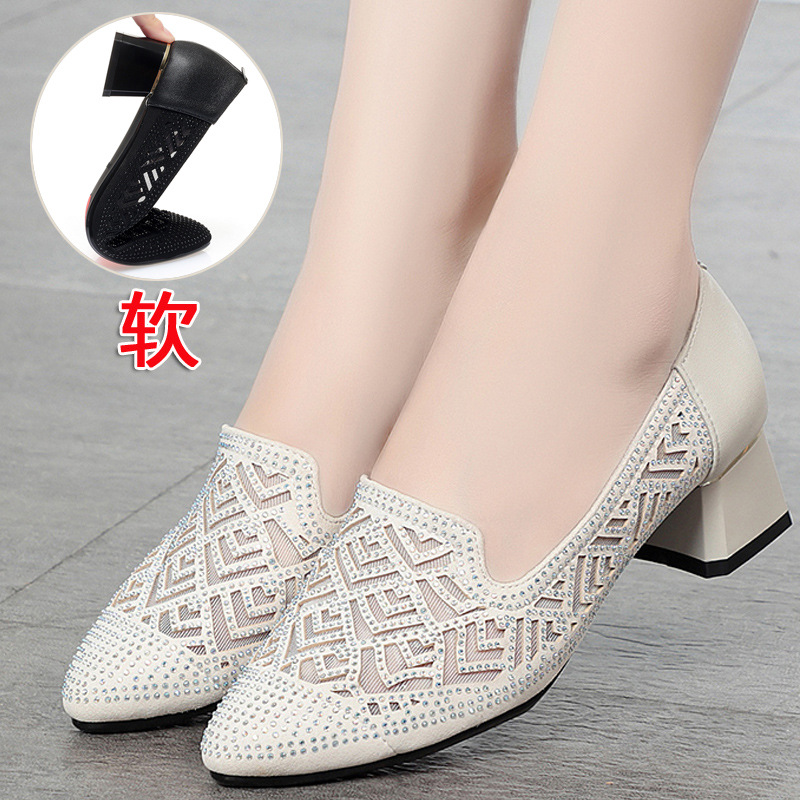 Sandal nữ quai chữ V gót thấp da thật lưới thoáng khí — màu đen