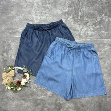 日系高腰天丝牛仔短裤女2023夏装柔软松紧腰休闲直筒五分裤冰丝裤
