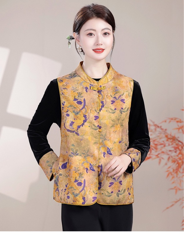 妈妈秋装新中式金丝绒秋装两件套中老年丝绒上衣+马甲外套|undefined