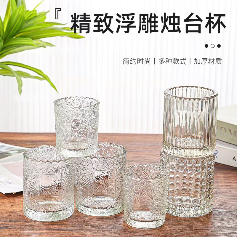 Relieve taza de cera de incienso taza de vidrio punto vertical cuadrado taza de cera de té encaje taza de candelabro hecha en casa candelabro DIY