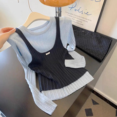 2025早秋新款女装撞色假两件拼接针织长袖百搭韩系慵懒松弛感毛衣