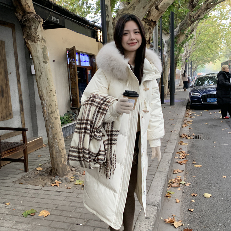 羽绒服女冬季2025新款中长款牛角扣设计感小众大毛领加厚长款外套|undefined
