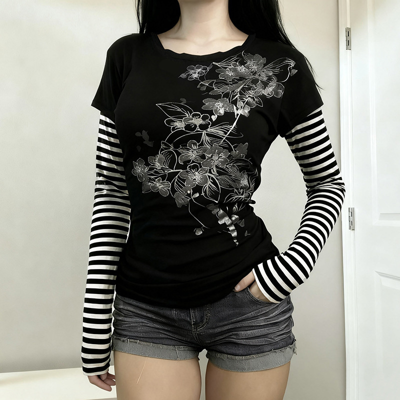 Millennial Style Stylish Sexy Fake Two-Piece Stripesd Long-Sleeved T-Shirt Cross-Border Fashion Women's Casual Printed Top Y2K Millennial Style Stylish Sexy Fake Two-Piece Stripesd Long-Sleeved T-Shirt Cross-Border Fashion Women's Casual Printed Top Y2K