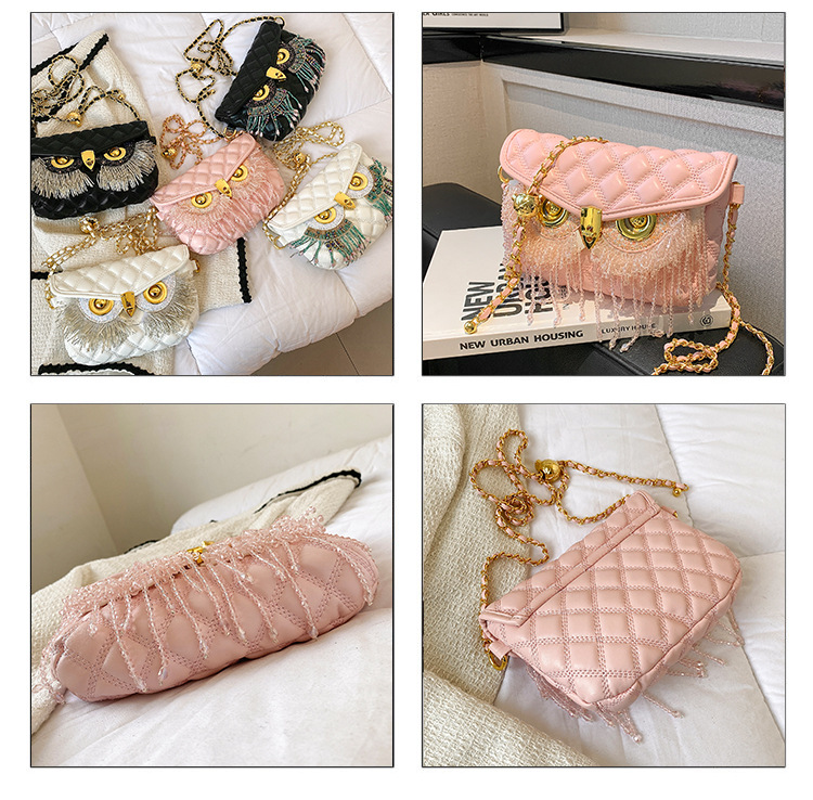 Syksyn ja talven uusi tekstuuri, raskaan teollisuuden muotoilu, trendikäs monikäyttöinen ketjulla varustettu tupsupöllö, naisten yksiolkainen olkalaukku_voghion.com