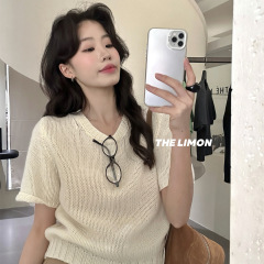 the limon柠檬绿茶2025秋季新款温柔风韩系圆领短袖针织衫女上衣