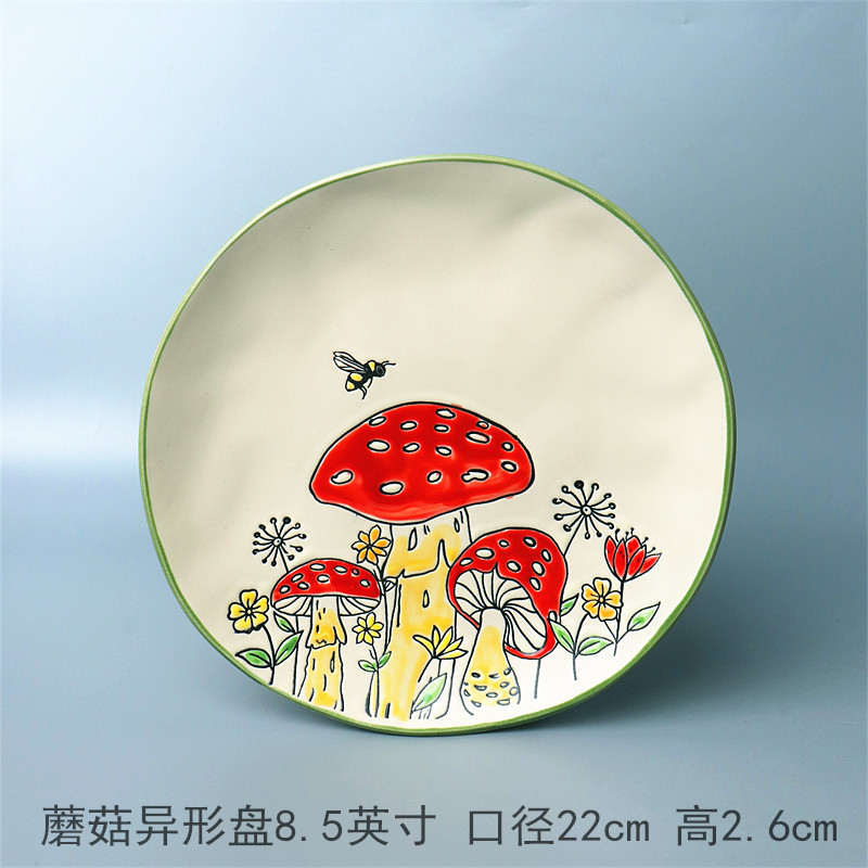 ヨーロッパ式円形大皿陶磁器手描き釉薬下果物クリエイティブケーキ皿家庭用料理皿円形ステーキ皿皿皿|undefined