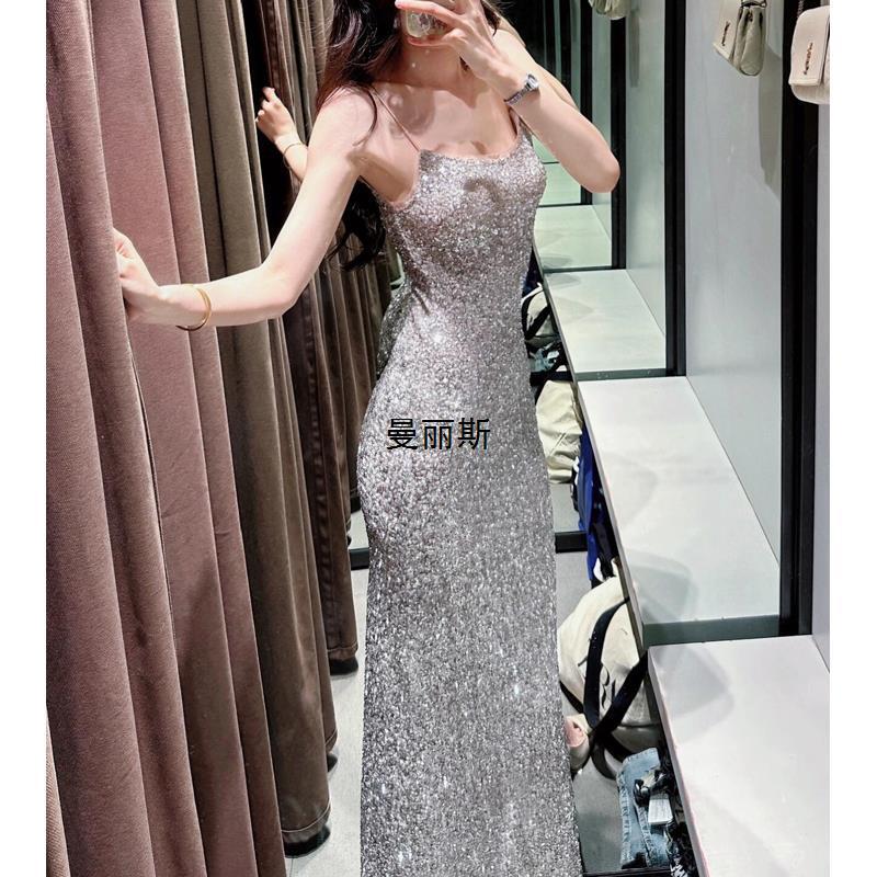 Silver Beautiful Heavy-Duty Sequins Sparkling Temperament Slim Suspender Dress Long Skirt Women's Summer Fashion Temperament
