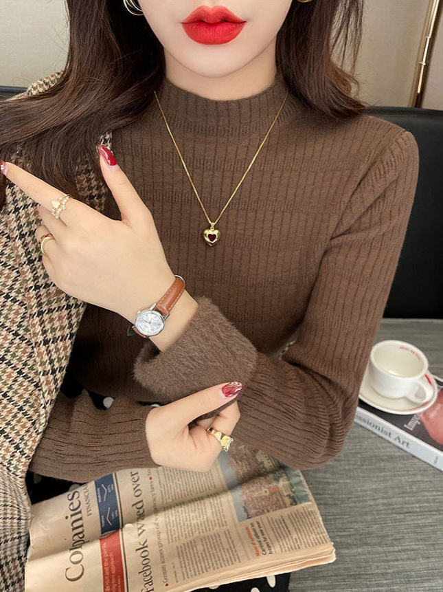 Otoño y invierno nuevo estilo coreano versátil camiseta de base de cuello medio alto con una camiseta de lana de color sólido y suéter de punto de lana para mujeres