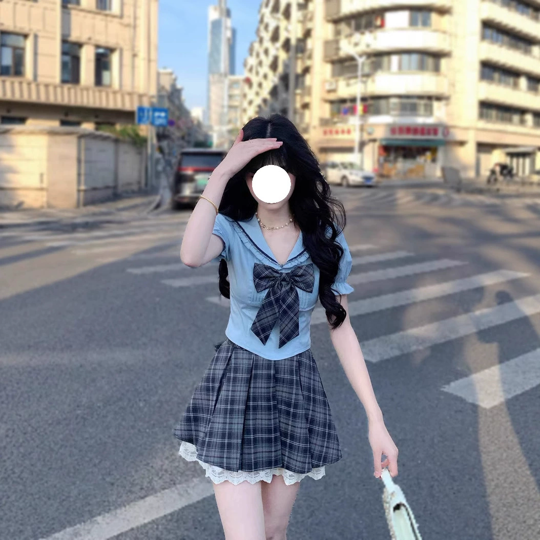 Корейский костюм в студенческом стиле для горячих девушек, милый темно-синий воротник, универсальная рубашка с короткими рукавами, клетчатая плиссированная юбка для маленьких людей.