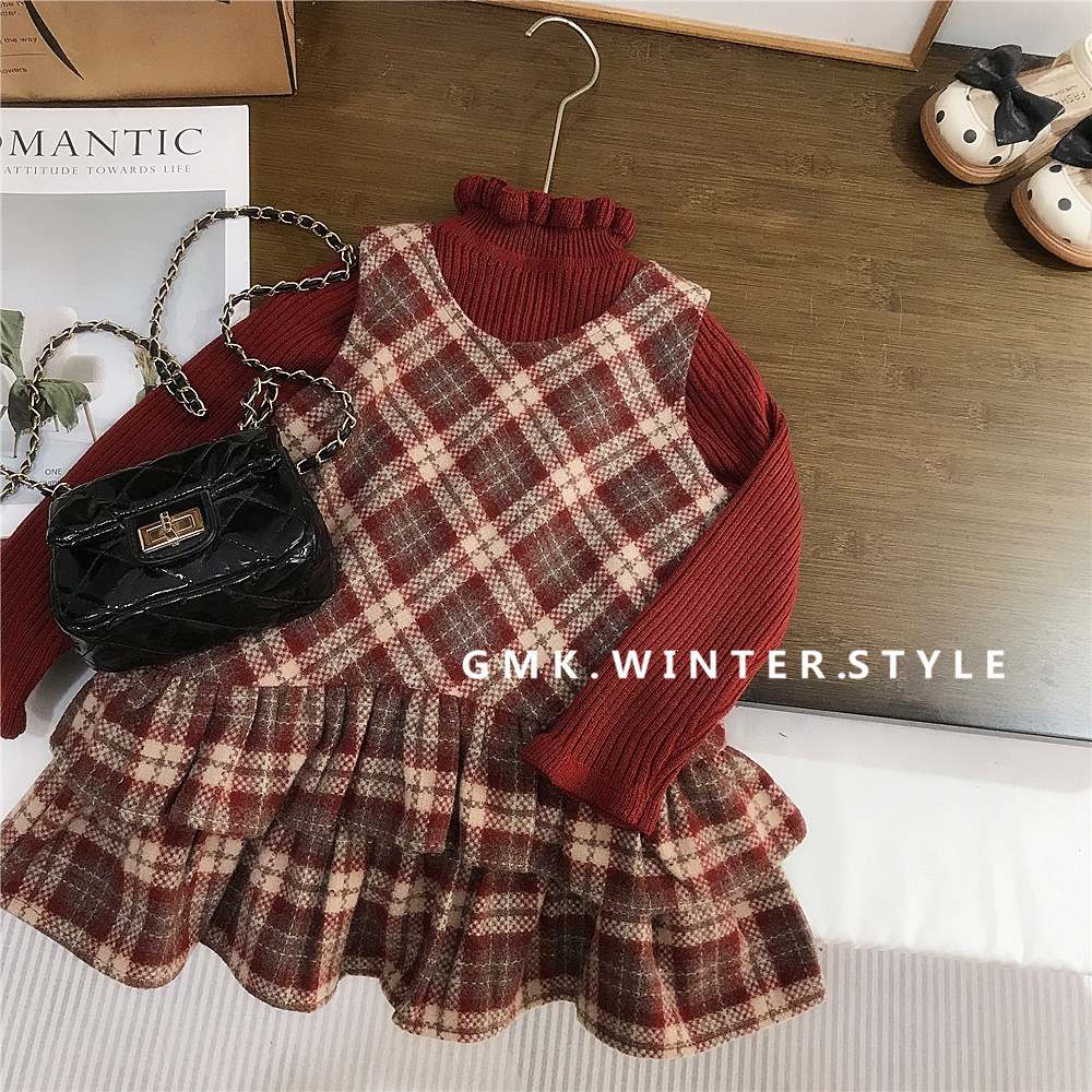 女童秋冬毛呢格子裙两件套冬季新款女宝宝甜美洋气毛衣背心裙外贸