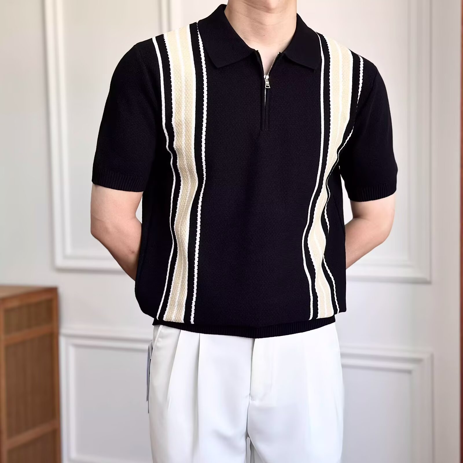 Polo camiseta camiseta de punto camiseta de manga corta camiseta de cuello de hombre rayas medio cremallera viejo dinero viento hielo seda fábrica transfronteriza al por mayor