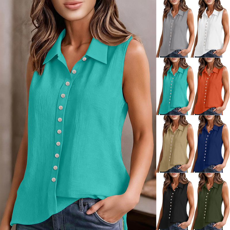 2026 Summer Fashion Cotton and Linen Solid Color Single-Breasted Sleeveless Collared Women's Shirt Suitable for Cross-Border Sales