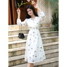 实拍跨境连衣裙女春季雪纺收腰修身显瘦气质中长款A字长袖碎花裙