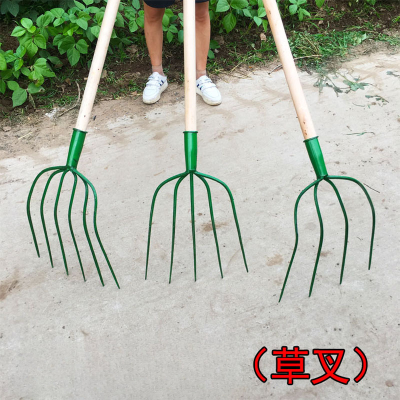 全钢实心草叉子四齿五齿粪叉加大号钢叉农用开荒叉子加粗铁齿叉子