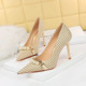 9283-1 Wind Thousand Bird Plaid High Heel Shoes Thin Heel High Heel Shallow Mouth Pointed Pearl Chain Plaid Women's Single Shoes