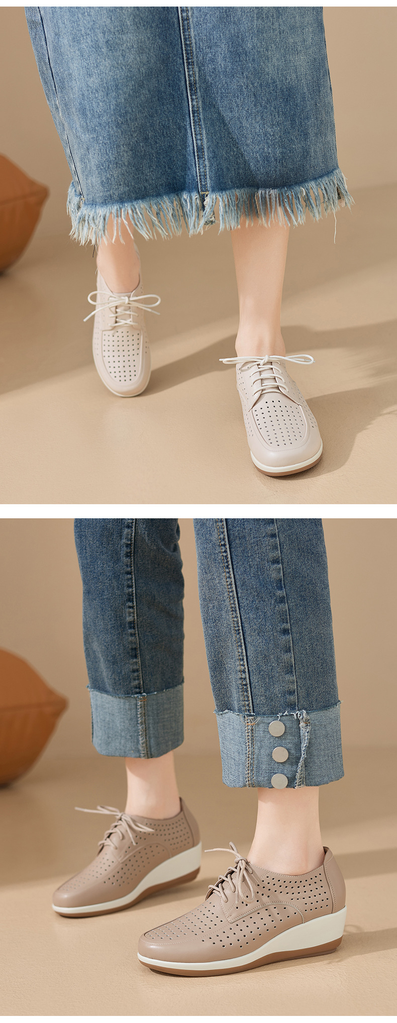 Giày da bò đục lỗ nữ đế xuồng platform gót 5 cm — màu trắng ngà chi tiết 7