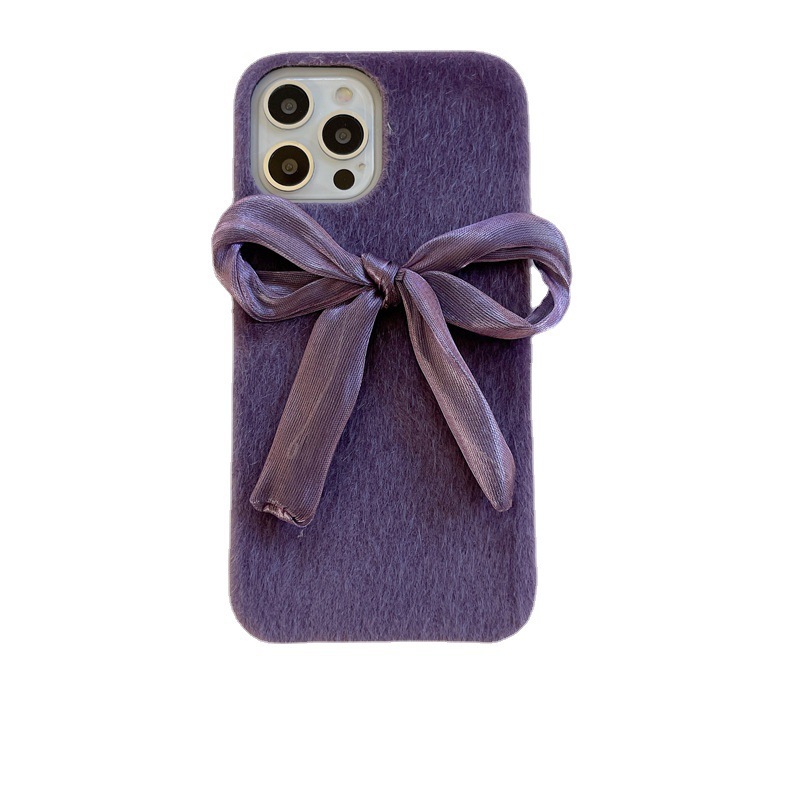 silk bow suitable for iPhone15 Apple 14promax mobile phone case mink plush 13/12 women_voghion.com