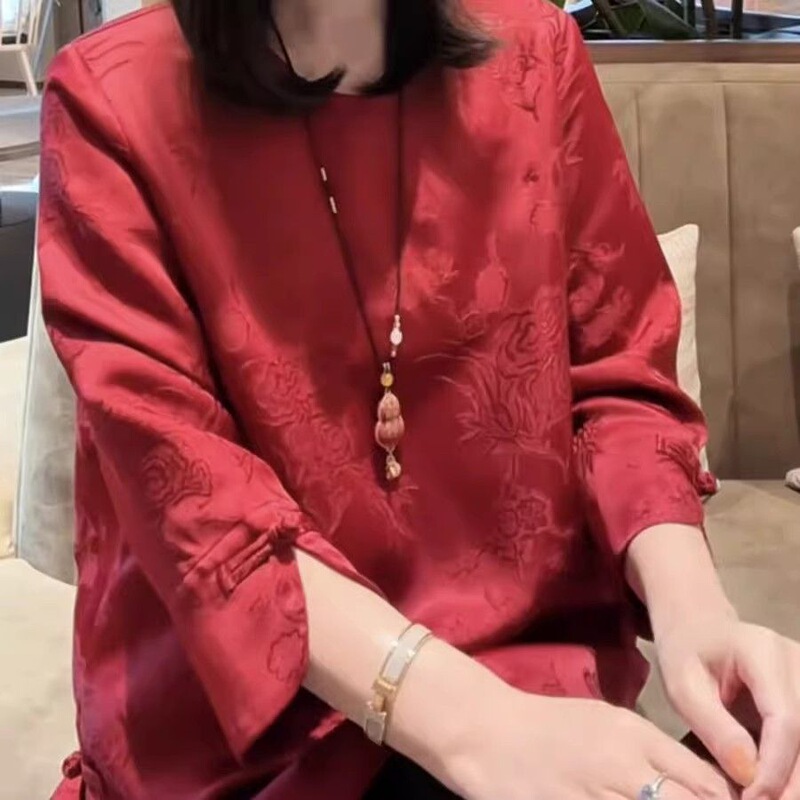 National Style New Chinese Style Three-Quarter Sleeve Jacquard Top for Women, Spring and Summer New Fashion, Elegant, Loose-Fitting, Slimming Blouse Shirt National Style New Chinese Style Three-Quarter Sleeve Jacquard Top for Women, Spring and Summer New Fashion, Elegant, Loose-Fitting, Slimming Blouse Shirt