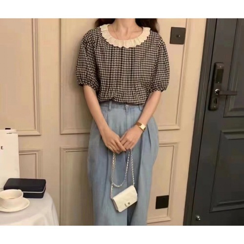 Korean Dongdaemun 2024 Sweet Lace Edge Youthful Bubblesleeve Front and Back Wear Check Shirt for Women