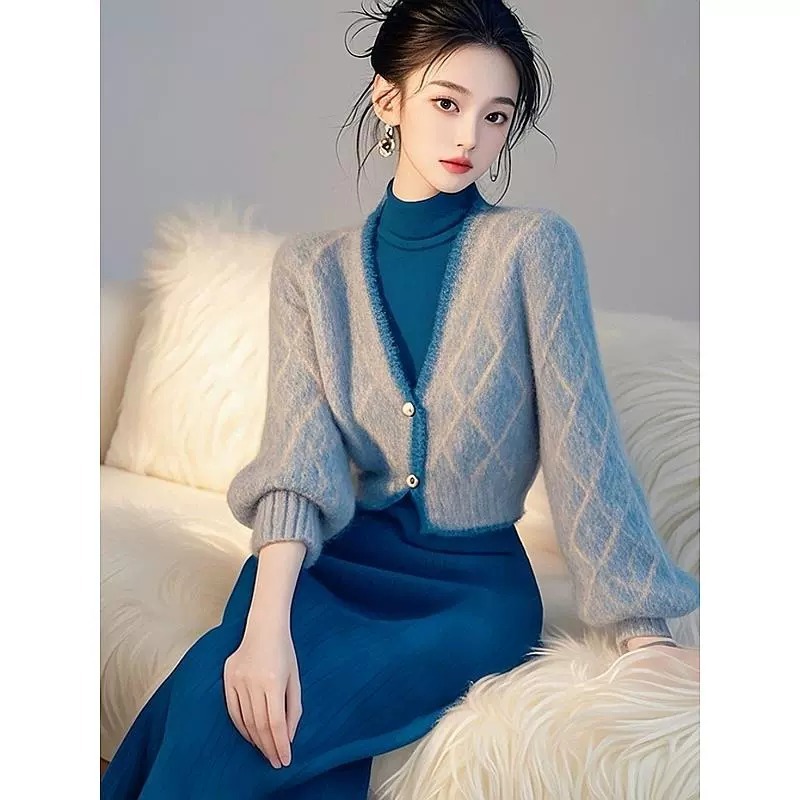 名媛气质针织裙套装女秋冬季韩系蓝色收腰显瘦v领毛衣开衫两件装|undefined