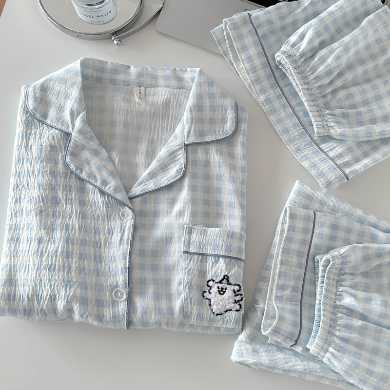 Pijamas de amor dulce de color, pantalones de manga corta de hilo de algodón de nube de verano para mujer, cárdigan de tres piezas, servicio a domicilio