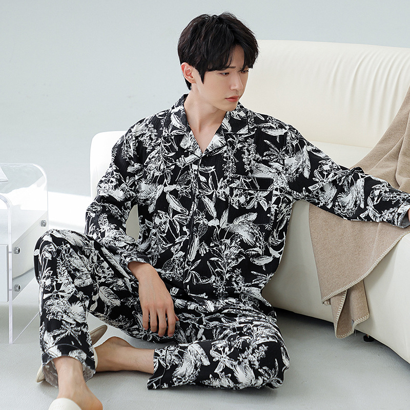 남성 잠옷 봄, 가을 신상 클라우드 코튼 가디건 긴팔 심플 캐주얼 대형 홈웨어 정장 외부 착용 가능