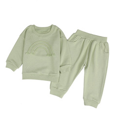 Autumn/Winter New Cross-border Instagram Children's Clothing Set: Long-sleeved Plain Cotton Rope Decorated Top + Pockets Long Pants