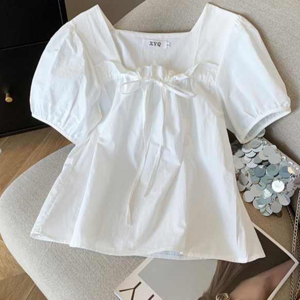 2024 Amazon Independent Station Cross-border Foreign Trade Summer New Square Collar Lace Solid Color Bubble Sleeve Shirt Top