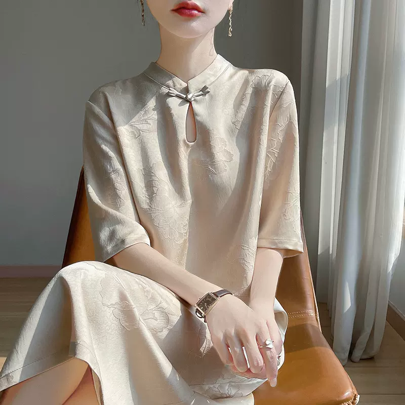 新中式连衣裙夏季凉感透气仿真丝缎面立领盘扣国风中袖旗袍裙