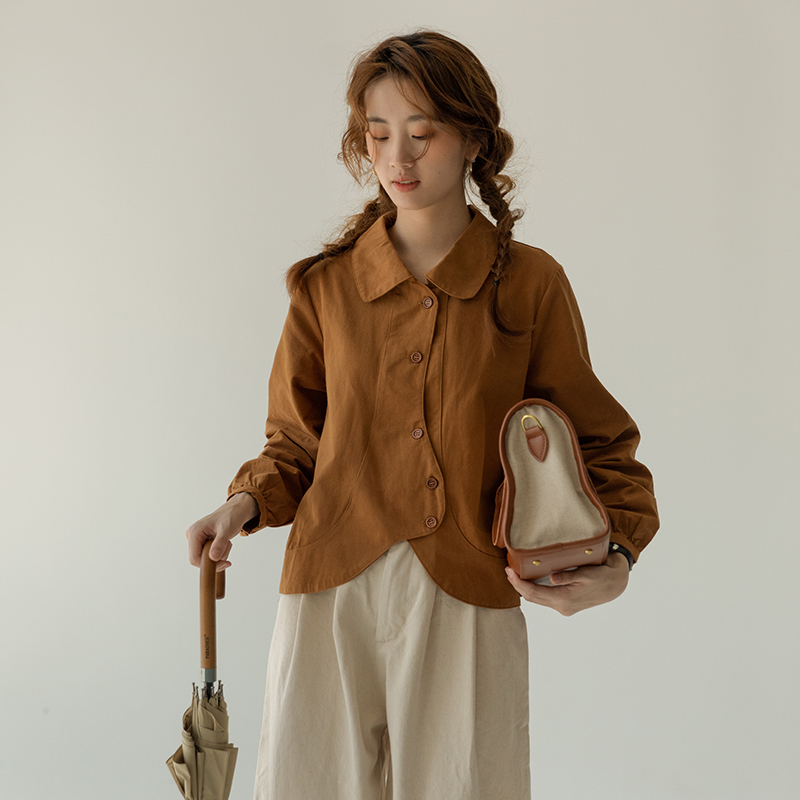 日系磨毛宽松显瘦设计感衬衫上衣女2025早秋款Polo领长袖开衫衬衣|undefined