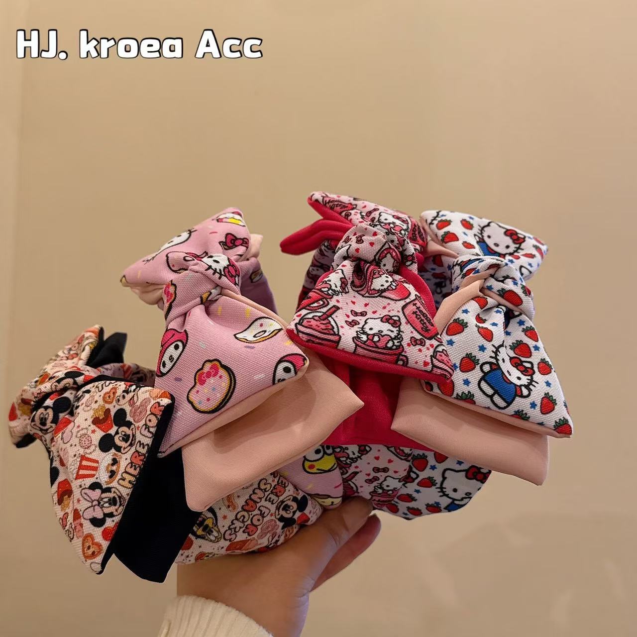 東大門新品～復古少女卡通可愛三麗鷗拼色蝴蝶結大版減齡頭箍發卡