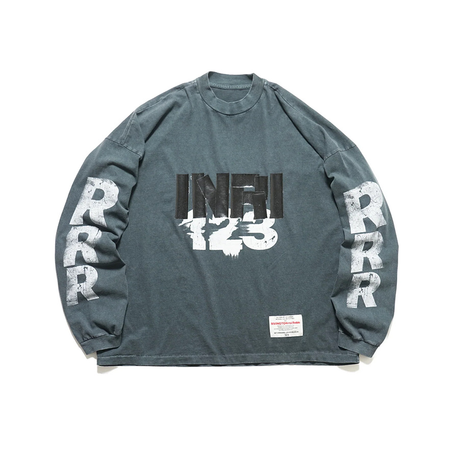 FEAR OF GOD × RRR123 INRI letras estampadas americanas camiseta de manga larga suelta para hombres y mujeres