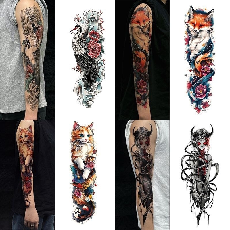 Flower Arm Pattern Colorful Full Arm Tattoo Green Dragon Sticker Arm Fox Men and Women Waterproof Long-Lasting Koi Artificial Tattoo