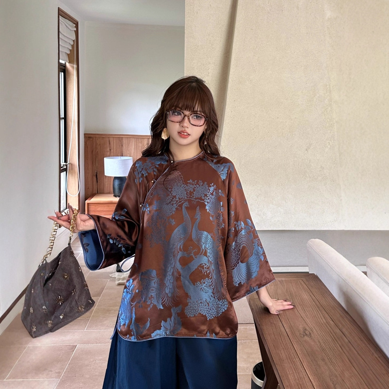深圳南油2025新品中式重磅真丝老缎定位花太太服上衣篙端气质衬衫|undefined